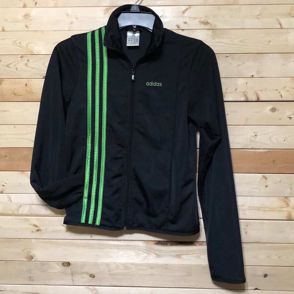Adidas Black green 3 stripes Zip Front Activewear Boys Jacket kids size XS
